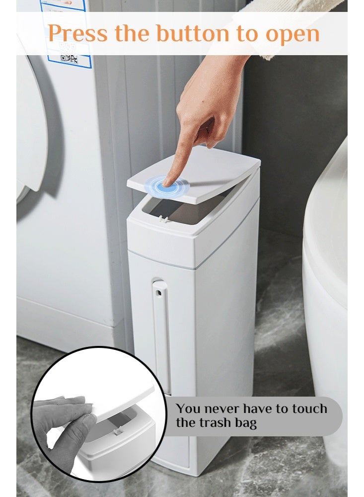 أوبتيا سلة مهملات حمام رفيعة، سلة مهملات حمام رفيعة مع مجموعة فرشاة وحامل قمامة بلاستيكية رفيعة مستطيلة الشكل للمرحاض سلة قمامة بلاستيكية من النوع الضاغط سعة 4.5 لتر / 1.2 جالون - Image 2