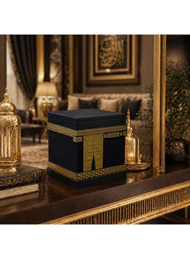 Luxury Kaaba decor piece with an elegant design, made of fiber and wood with a black velvet finish. Includes a prayer mat and tasbih inside, size 17×15 cm, ideal for home or office decor and gifting. - Image 1