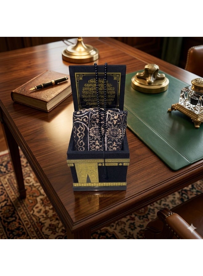 Luxury Kaaba decor piece with an elegant design, made of fiber and wood with a black velvet finish. Includes a prayer mat and tasbih inside, size 17×15 cm, ideal for home or office decor and gifting. - Image 2