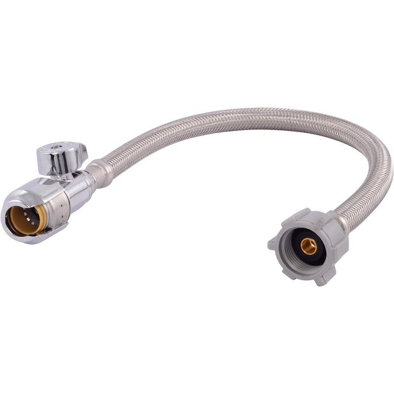 SharkBite Max 16 In. Stainless Steel Braided Toilet Connector with Straight Stop Valve, 1/2 Inch PTC x 7/8 Inch Ballcock, PEX Pipe, Copper, CPVC, PE-RT, HDPE, UR24686 - Image 1