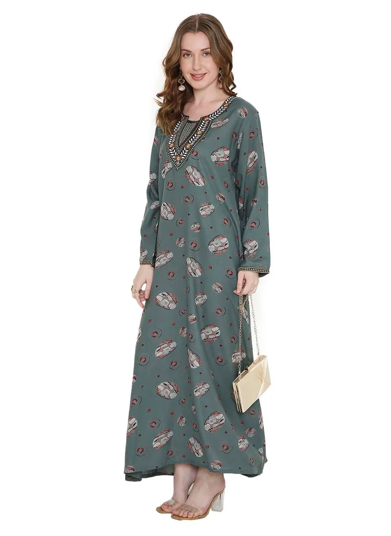 HANA & SARA FLORAL PRINTED WITH THREAD EMBROIDERY ON THE NECK ARABIC KAFTAN JALABIYA DRESS