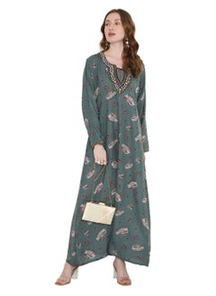 HANA & SARA FLORAL PRINTED WITH THREAD EMBROIDERY ON THE NECK ARABIC KAFTAN JALABIYA DRESS  - Image 4