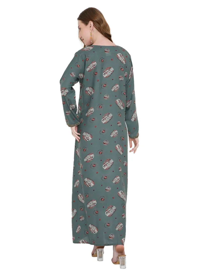 HANA & SARA FLORAL PRINTED WITH THREAD EMBROIDERY ON THE NECK ARABIC KAFTAN JALABIYA DRESS