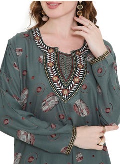 HANA & SARA FLORAL PRINTED WITH THREAD EMBROIDERY ON THE NECK ARABIC KAFTAN JALABIYA DRESS  - Image 3