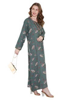 HANA & SARA FLORAL PRINTED WITH THREAD EMBROIDERY ON THE NECK ARABIC KAFTAN JALABIYA DRESS  - Image 5