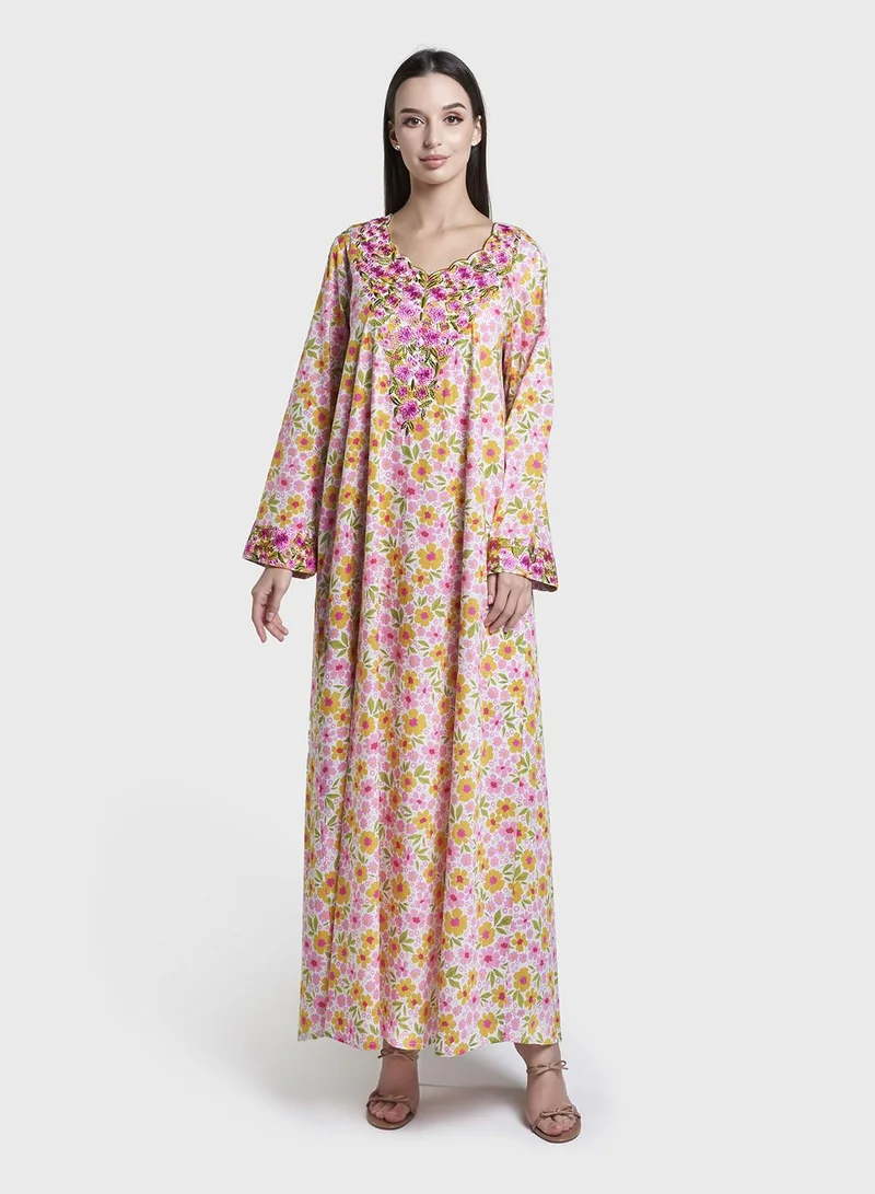 كشخة Pink Floral Print Cotton Mukhawar Jalabiya (VW440)