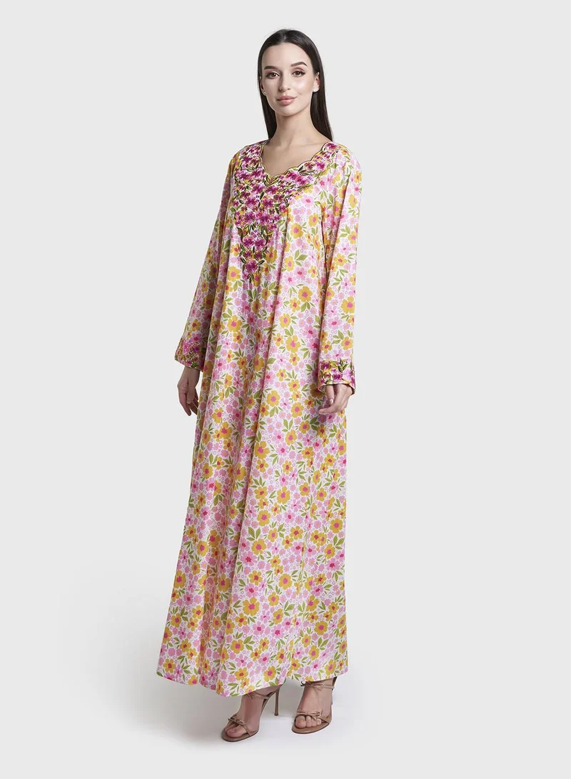 Kashkha  Pink Floral Print Cotton Mukhawar Jalabiya (VW440) for Women | Best Price UAE