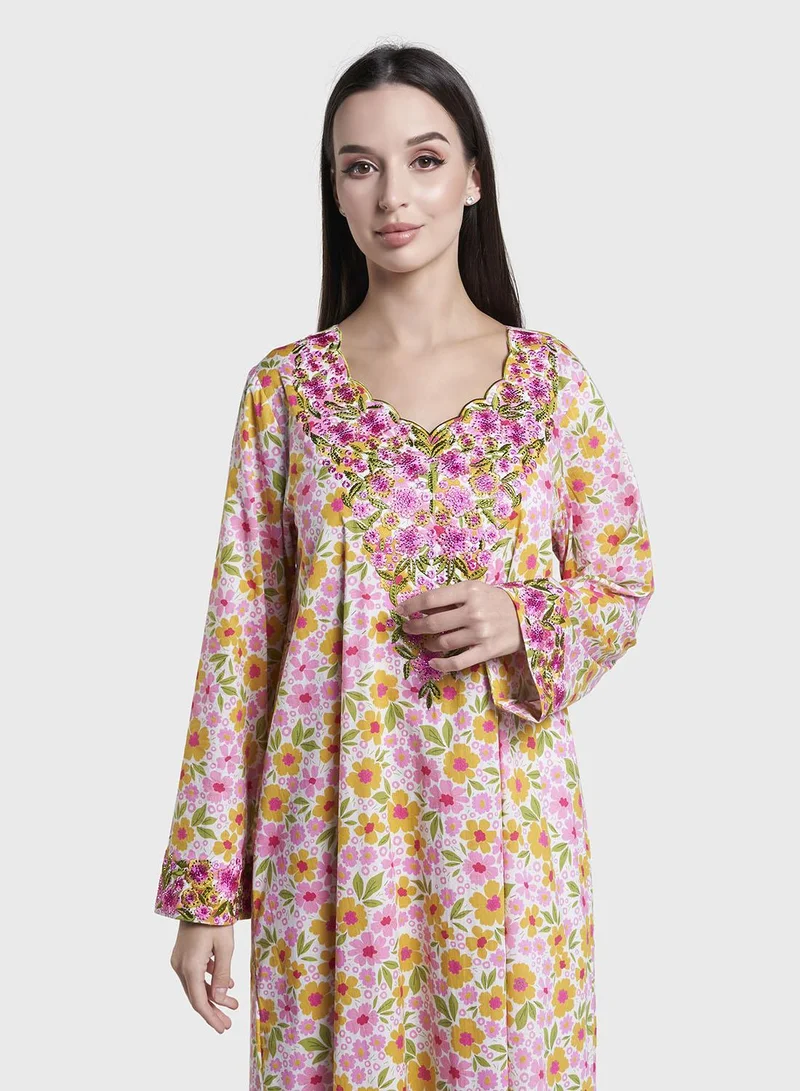 كشخة Pink Floral Print Cotton Mukhawar Jalabiya (VW440)