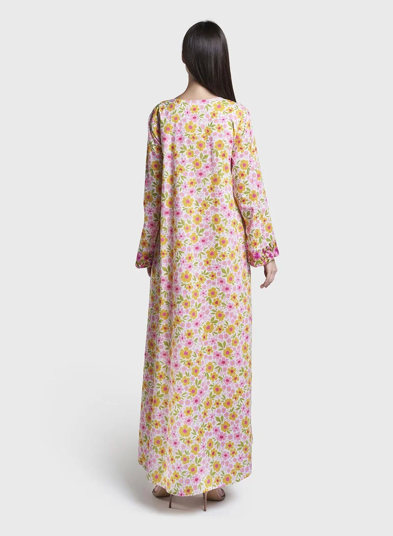 Kashkha  Pink Floral Print Cotton Mukhawar Jalabiya (VW440) for Women | Best Price UAE