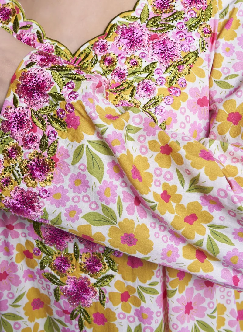 Kashkha  Pink Floral Print Cotton Mukhawar Jalabiya (VW440) for Women | Best Price UAE
