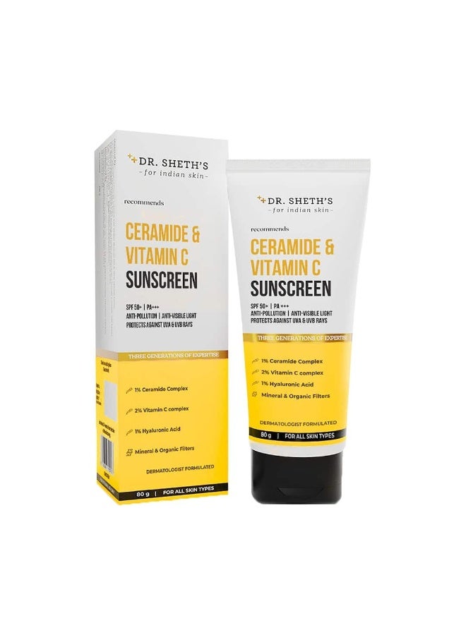 Dr. Sheth's Ceramide & Vitamin C Sunscreen | SPF 50+ Pa+++ | In-Vivo Tested | For Bright Skin & Healthy Glow | Non-Greasy, Quick-Absorbing, No White Cast | UVA/B & Bluelight Protection | For Men & Women | For All Skin Type | 80 g - Image 1