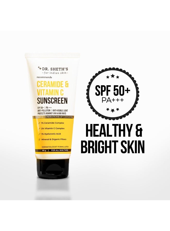 Dr. Sheth's Ceramide & Vitamin C Sunscreen | SPF 50+ Pa+++ | In-Vivo Tested | For Bright Skin & Healthy Glow | Non-Greasy, Quick-Absorbing, No White Cast | UVA/B & Bluelight Protection | For Men & Women | For All Skin Type | 80 g - Image 2