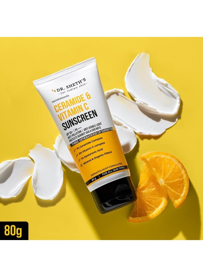Dr. Sheth's Ceramide & Vitamin C Sunscreen | SPF 50+ Pa+++ | In-Vivo Tested | For Bright Skin & Healthy Glow | Non-Greasy, Quick-Absorbing, No White Cast | UVA/B & Bluelight Protection | For Men & Women | For All Skin Type | 80 g - Image 3