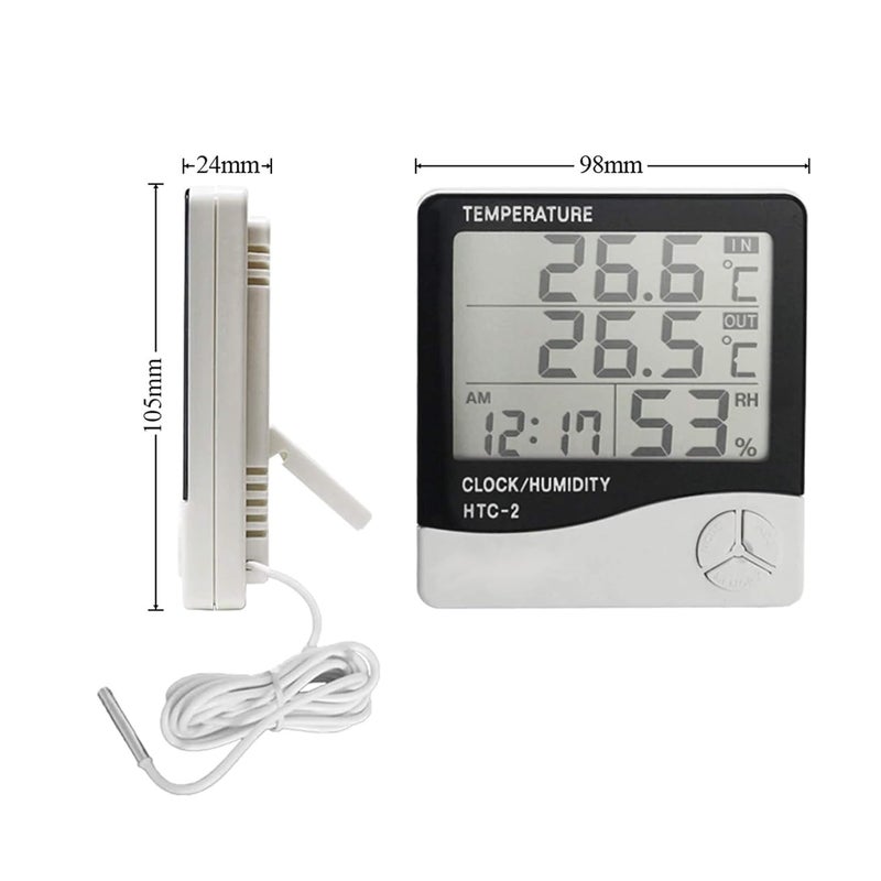 SMIC Pvc Htc-2 Lcd Digital Thermometer Hygrometer Weather Station Temperature Humidity Meter Clock Room Wall Indoor Outdoor Sensor Probe, Pack of 1 - Image 5