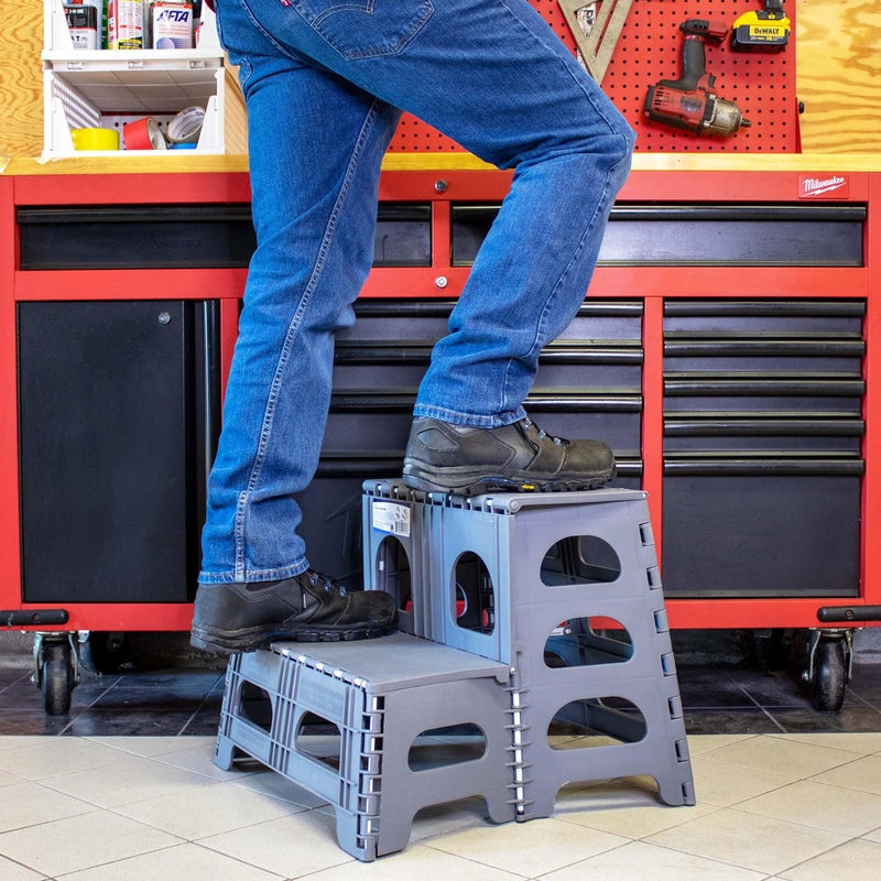 Bee Neat Folding 2 Step Stool for Adults - Collapsible & Foldable Step Ladder for Office, Garage, Closet, Bathroom - Non-Slip & Wide Stepping Stool Supports 300lbs - Industrial - Gray - Image 4