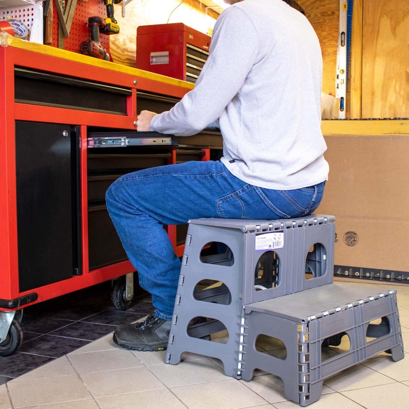 Bee Neat Folding 2 Step Stool for Adults - Collapsible & Foldable Step Ladder for Office, Garage, Closet, Bathroom - Non-Slip & Wide Stepping Stool Supports 300lbs - Industrial - Gray - Image 5