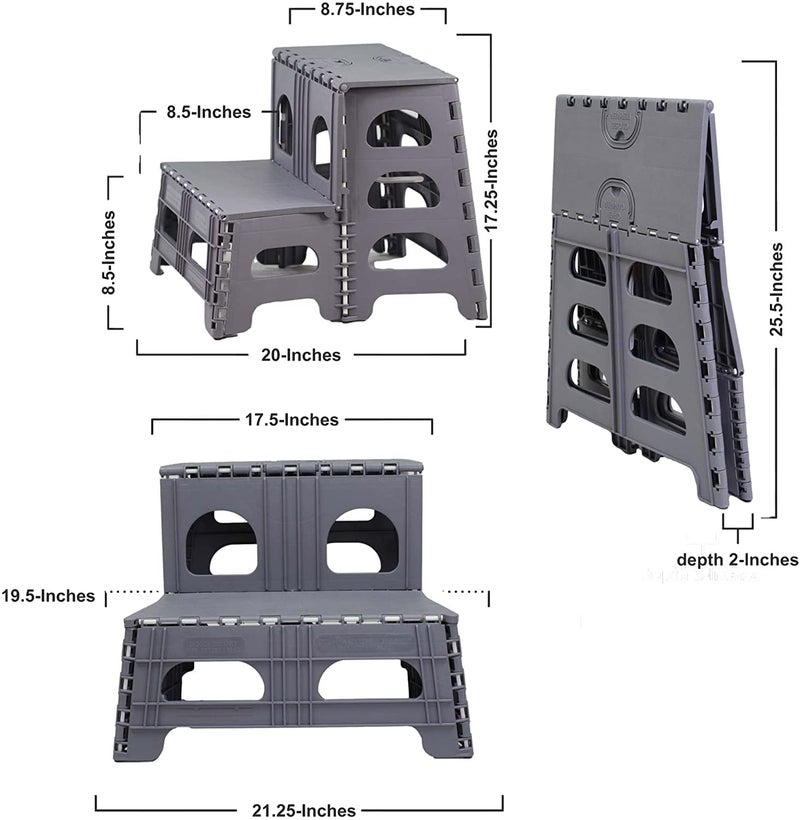 Bee Neat Folding 2 Step Stool for Adults - Collapsible & Foldable Step Ladder for Office, Garage, Closet, Bathroom - Non-Slip & Wide Stepping Stool Supports 300lbs - Industrial - Gray - Image 2