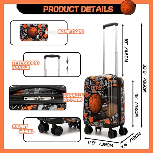 Inprof Kid’s Luggage Set 2 Piece Suitcase Set 16’’ Hardside Luggage with Spinner Wheels Girls Boys Carry on Toddler Luggage Travel Rolling Luggage Carry on Luggage Airline Approved Basketball - Image 2