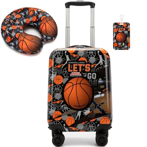 Inprof Kid’s Luggage Set 2 Piece Suitcase Set 16’’ Hardside Luggage with Spinner Wheels Girls Boys Carry on Toddler Luggage Travel Rolling Luggage Carry on Luggage Airline Approved Basketball - Image 1
