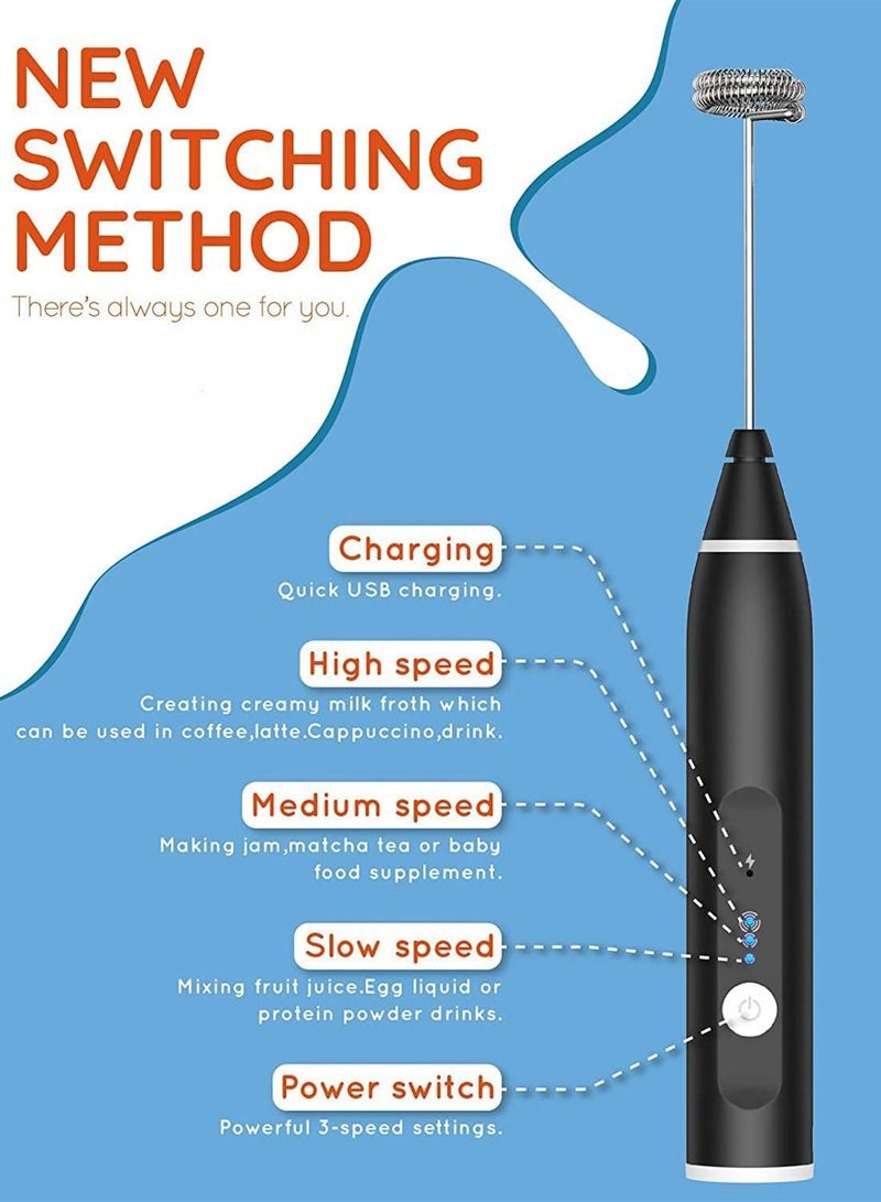 QUTOOB Rechargeable Milk Frothers Electric Blender for Cappuccino, Latte, Hot Chocolate, Coffee, Cream Multifunctional Handheld Mixer With 3 Speeds And Stirrer For Coffee, Drink Mixer, Egg Beater, Foam Maker - Image 5