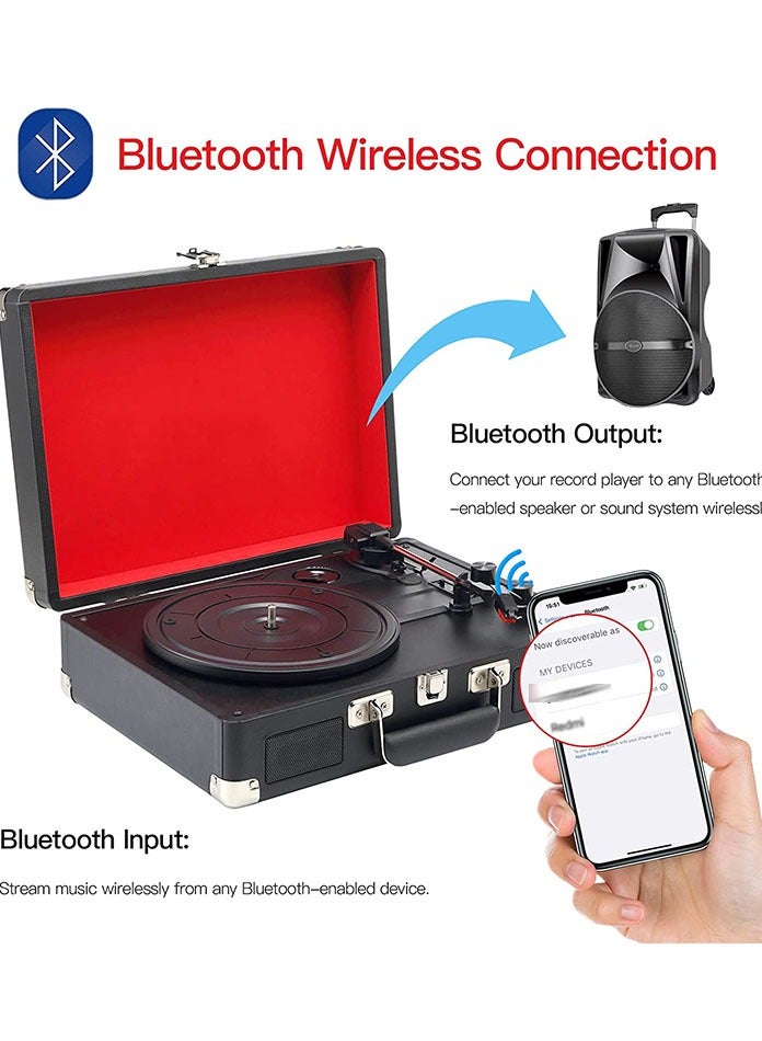 Bluetooth Portable Suitcase Record Player,Vinyl Record Player Turntable with Built-in Bluetooth Receiver,2 Stereo Speakers,3 Speed 3 Size Belt Driven Vintage Player for Entertainment AUX in RCA Out - Image 5