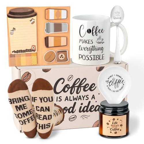 Ithmahco Coffee Lover Gifts for Women Men - Includes Mug Spoon Rest Holder Candle Socks Sticky Notes Set, Coffee Gift Basket for Birthday Mothers Day Galentines Valentines Day Christmas Gift Ideas - Image 1