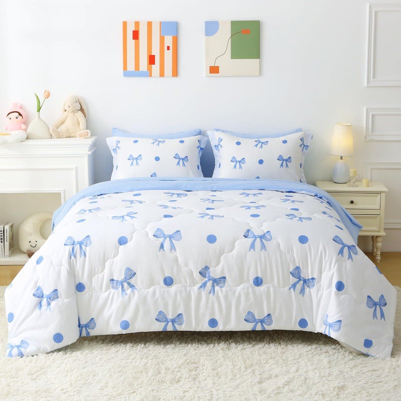 Wajade 7 Piece Blue Bow Comforter Set for Girls Kids Twin Size Bedding Set with Sheet and 2 Pillowcases 2 Pillow Shams Cute Girls Bed in a Bag as Birthday Choice - Image 1