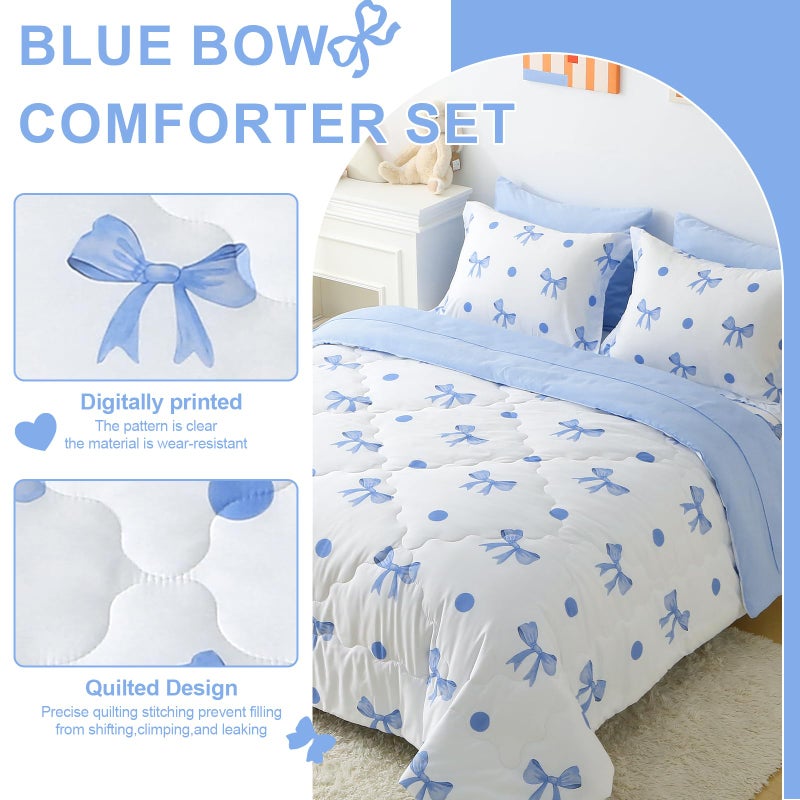 Wajade 7 Piece Blue Bow Comforter Set for Girls Kids Twin Size Bedding Set with Sheet and 2 Pillowcases 2 Pillow Shams Cute Girls Bed in a Bag as Birthday Choice - Image 2