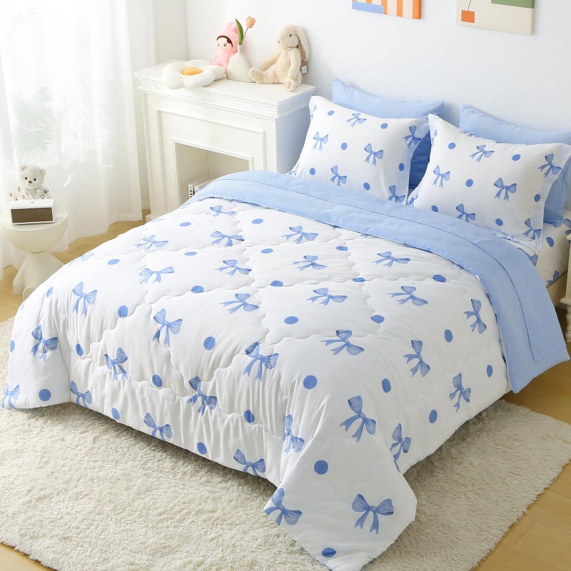 Wajade 7 Piece Blue Bow Comforter Set for Girls Kids Twin Size Bedding Set with Sheet and 2 Pillowcases 2 Pillow Shams Cute Girls Bed in a Bag as Birthday Choice - Image 5