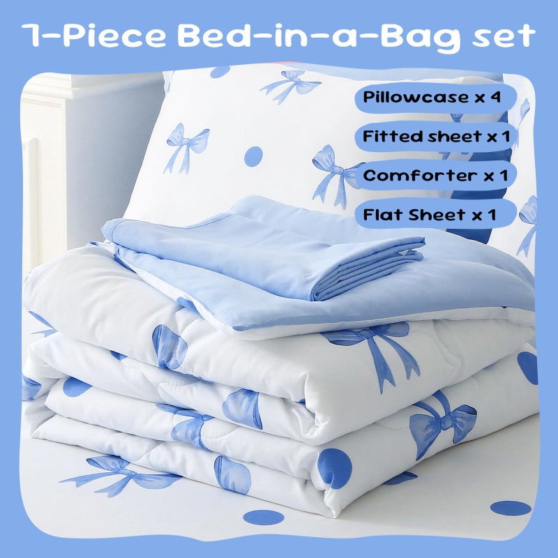 Wajade 7 Piece Blue Bow Comforter Set for Girls Kids Twin Size Bedding Set with Sheet and 2 Pillowcases 2 Pillow Shams Cute Girls Bed in a Bag as Birthday Choice - Image 4