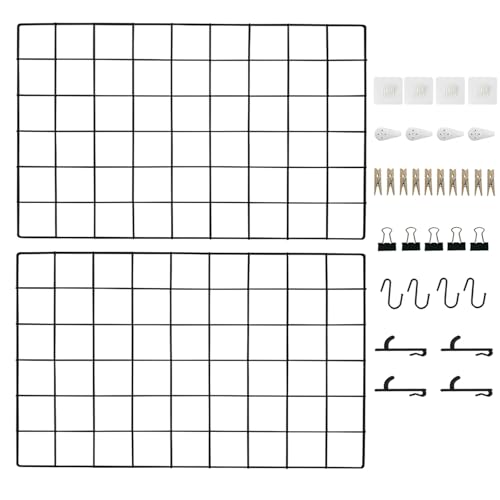 CIKLCIX Metal Grid Wall Panel Black, Wire Photo Display Organizer, 17.3"×11.8" Board, Picture Frame, 2-Pack Mesh Memo Board With Clips and Hooks - Image 1