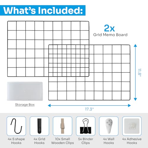 CIKLCIX Metal Grid Wall Panel Black, Wire Photo Display Organizer, 17.3"×11.8" Board, Picture Frame, 2-Pack Mesh Memo Board With Clips and Hooks - Image 4
