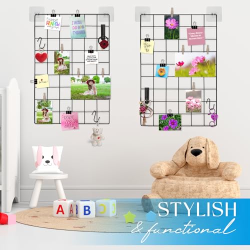 CIKLCIX Metal Grid Wall Panel Black, Wire Photo Display Organizer, 17.3"×11.8" Board, Picture Frame, 2-Pack Mesh Memo Board With Clips and Hooks - Image 2