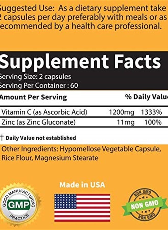 RCR Supplements RaeSun Botanics High Dose Vitamin C + Zinc Complex for Immune Support Health 120 Capsule 2 Month Supply Vegetable Capsule by RaeSun Botanics 