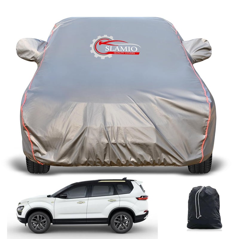 Slamio Heavy-Duty Car Body Cover for Tata Safari (2021-2025) | Waterproof, Dustproof, UV Protection, Custom Fit, Heavy Belt & Buckle with Mirror & Antenna Pocket | Dark Grey - Image 1