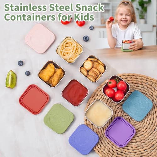 SANEXC 6 Oz Stainless Steel Snack Containers for Kids - 6 Pack Metal Food Containers with Lids Silicone Easy Open 100% Leak Proof BPA Free Reusable Baby Lunch Box for Daycare Travel and Office - Image 5