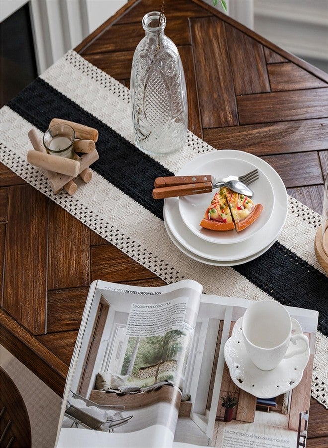 Alynsehom Macrame Table Runner Cream Beige and Black Boho Table Runners with Tassels Hand Woven Cotton Table Runner Rustic Farmhouse Table Runners for Bohemian Kitchen Dining Table(12x71in) - Image 2