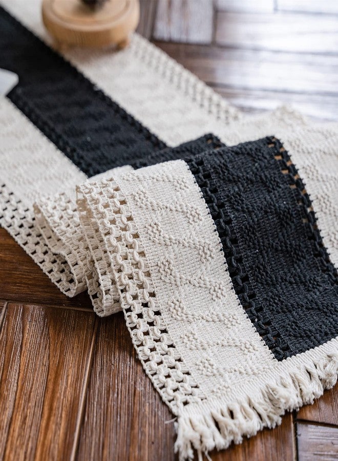 Alynsehom Macrame Table Runner Cream Beige and Black Boho Table Runners with Tassels Hand Woven Cotton Table Runner Rustic Farmhouse Table Runners for Bohemian Kitchen Dining Table(12x71in) - Image 1