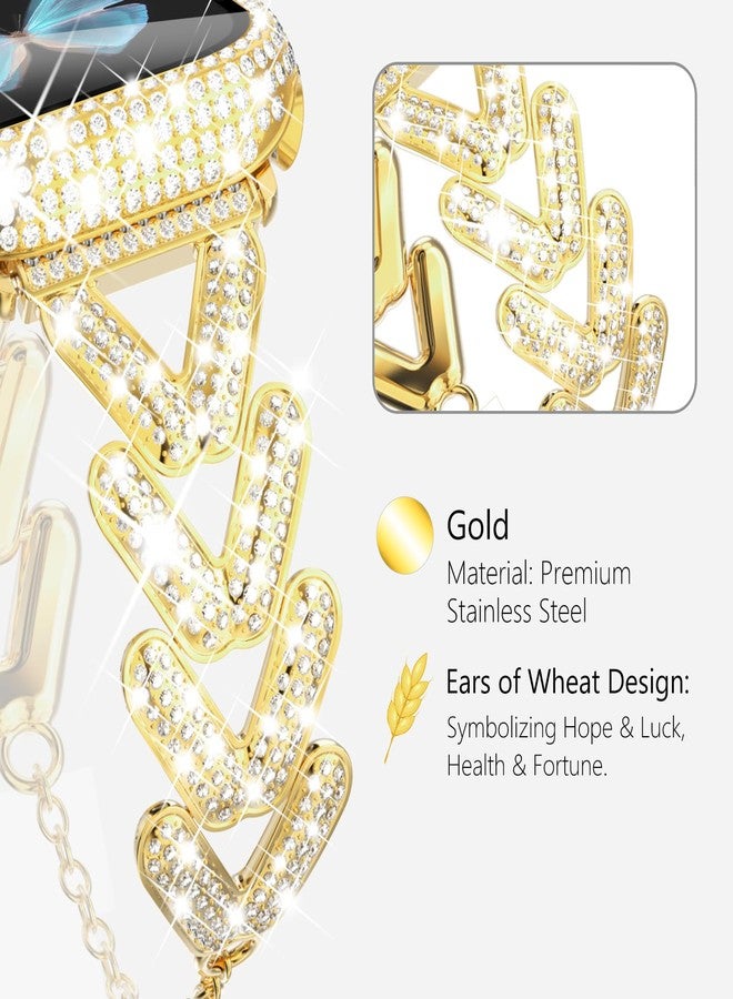 WINGLE حزام وحافظة ساعة آبل الذهبية WINGLE متوافق 45 مم سلسلة 9 8 7 للنساء، سوار معدني مصمم مع بلورات لامعة وحماية شاشة ماسية 45 مم - Image 2