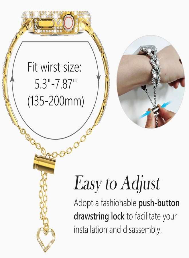 WINGLE حزام وحافظة ساعة آبل الذهبية WINGLE متوافق 45 مم سلسلة 9 8 7 للنساء، سوار معدني مصمم مع بلورات لامعة وحماية شاشة ماسية 45 مم - Image 5