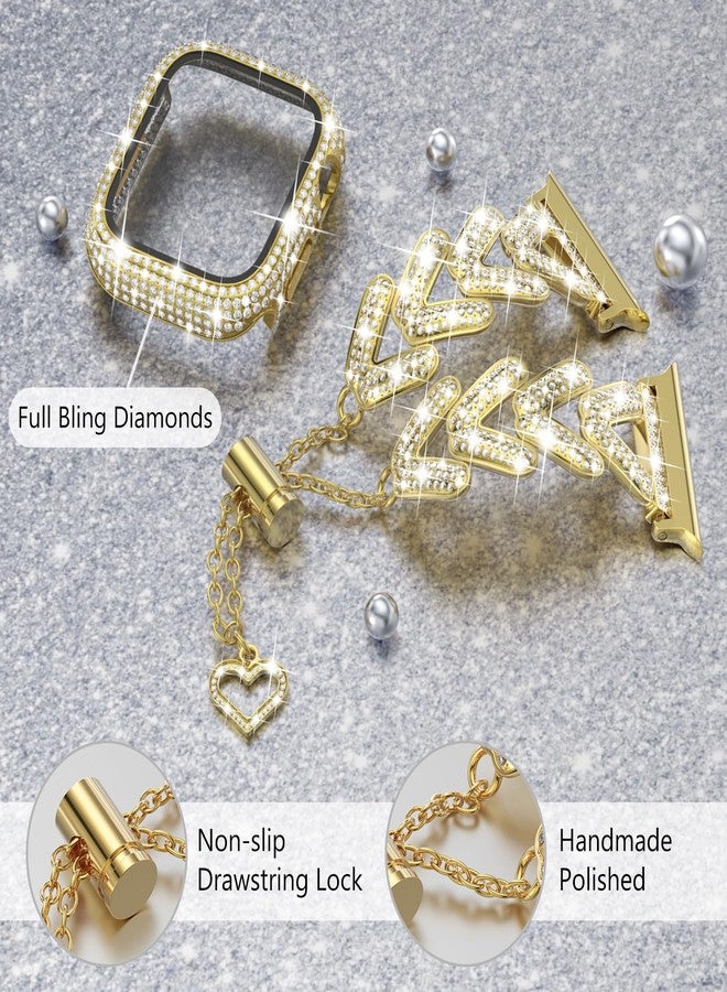 WINGLE حزام وحافظة ساعة آبل الذهبية WINGLE متوافق 45 مم سلسلة 9 8 7 للنساء، سوار معدني مصمم مع بلورات لامعة وحماية شاشة ماسية 45 مم - Image 4