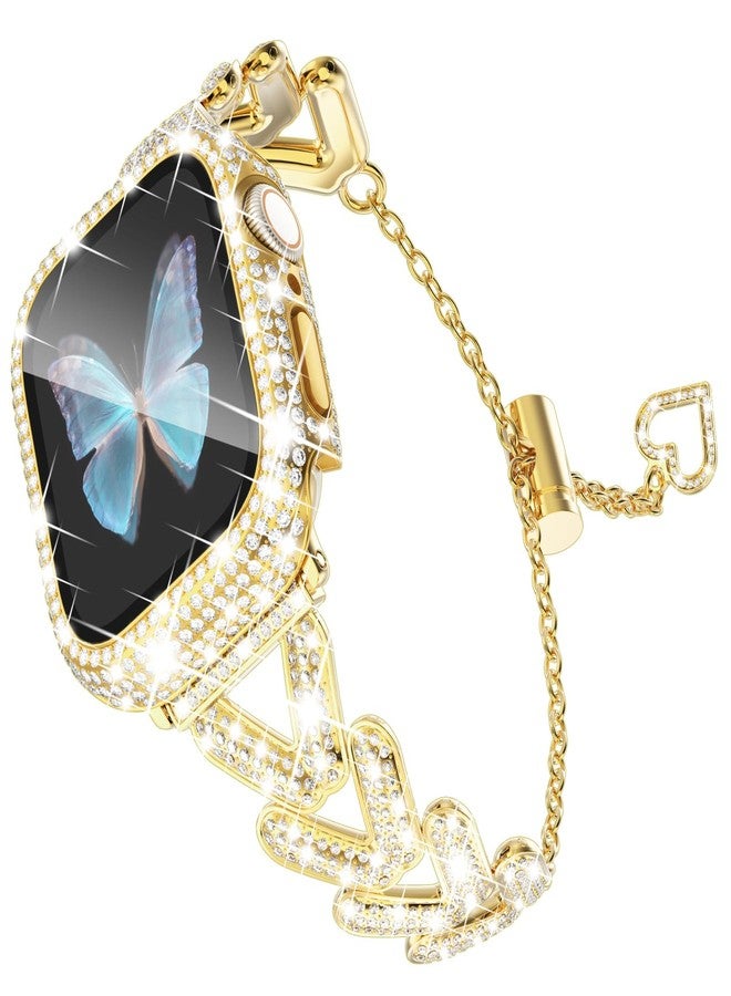 WINGLE حزام وحافظة ساعة آبل الذهبية WINGLE متوافق 45 مم سلسلة 9 8 7 للنساء، سوار معدني مصمم مع بلورات لامعة وحماية شاشة ماسية 45 مم - Image 1