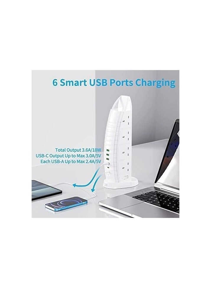 Sailboat Tower Extension Board with USB A and USB C Port with Universal Sockets with Master Switch and Safety Shutter Multi Plug Socket with 2 Type C