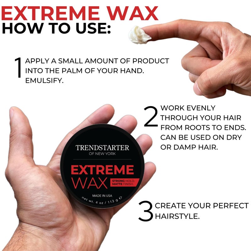 TRENDSTARTER Hair Wax - Extreme, 4oz - Matte Finish - Premium Water Based Flake-Free Hair Styling Pomade for All Hair Types - All-Day Strong Hold - Image 5