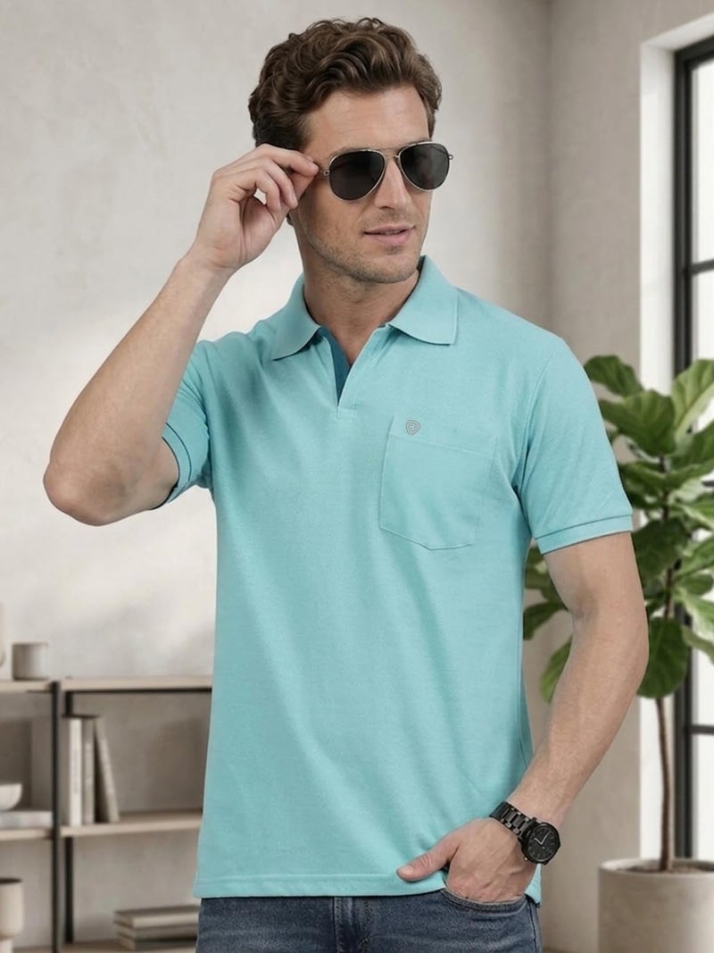 Lux Cozi Men's Half Sleeve Soild Casual T-Shirt with Chest Pocket_COZI_2122_POOLBU_5XL_1PC Pool Blue - Image 4