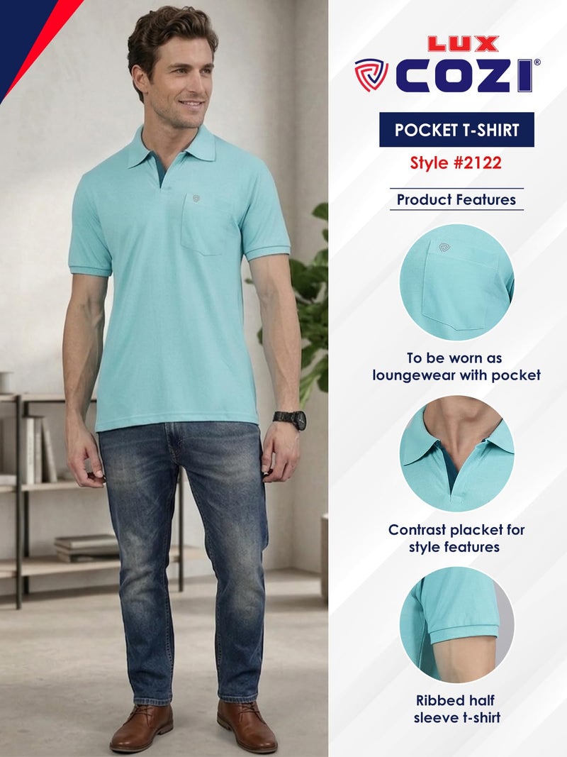 Lux Cozi Men's Half Sleeve Soild Casual T-Shirt with Chest Pocket_COZI_2122_POOLBU_5XL_1PC Pool Blue - Image 2
