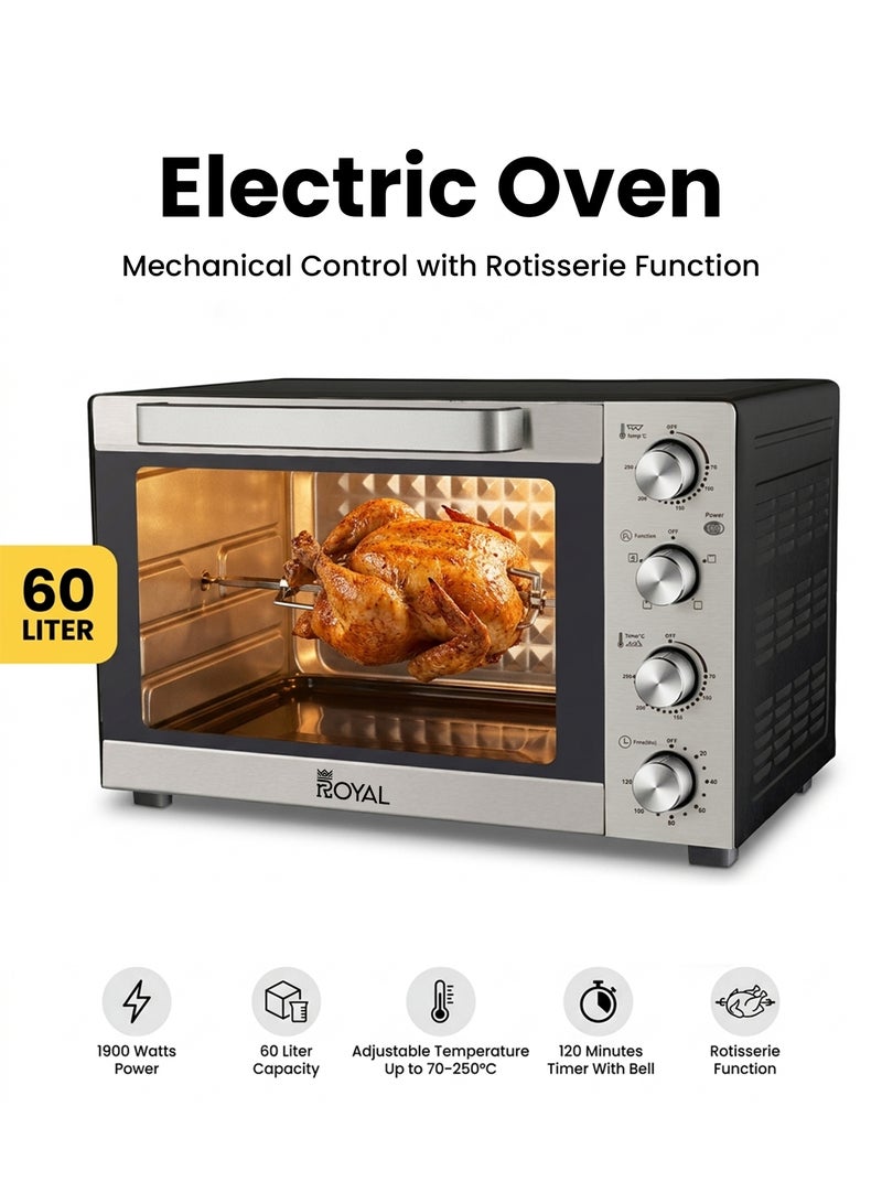 Royal Electric Oven - Adjustable Temperature & Easy to Clean 60 L 1900 W RA-OT6031 Silver black - Image 3