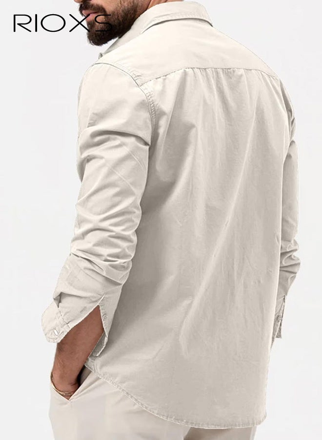 RIOXS Men's White Stand Collar Long Sleeve Shirt​​, Casual Breathable Daily Wear Top, Button Down with Dual Chest Pockets, Adjustable Botton Skin Friendly Cardigan, Suitable for Business, Travel, Walking, Dating - Image 3