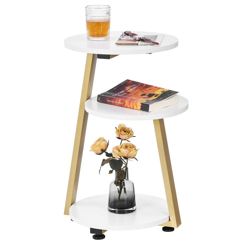 BEWISHOME Round End Table Side Table with Metal Frame Accent Bedside Table Nightstand with 3Tier Shelves Small Couch Table for Living Room Bedroom White Gold KTZ41M