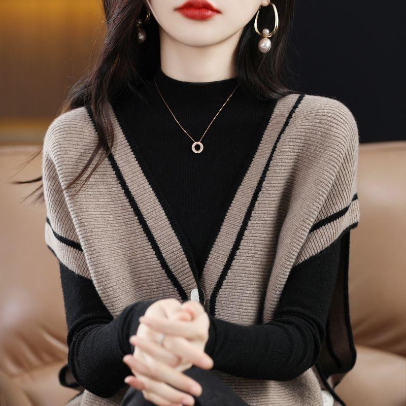 Vest Womens Early Spring Single-breasted Colorblock Sleeveless Sweater Jacket Womens Loose Knitted Cardigan Womens Waistcoat Red - Image 3